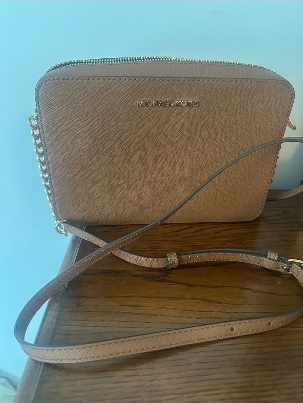 MICHAEL KORS Brown Saffiano Leather Crossbody with Gold Chain Trim